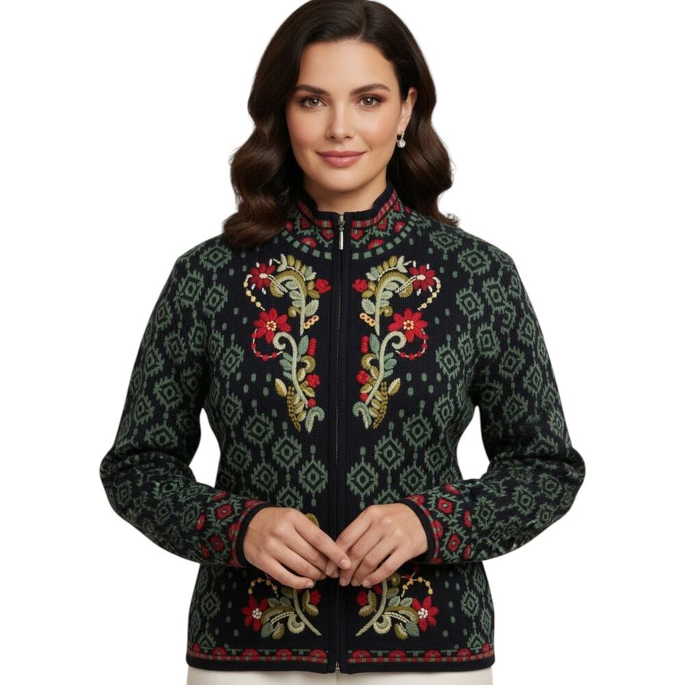 Vintage North Style Wool Sweater Jacket L Black Floral Embroidered Zip Momcore